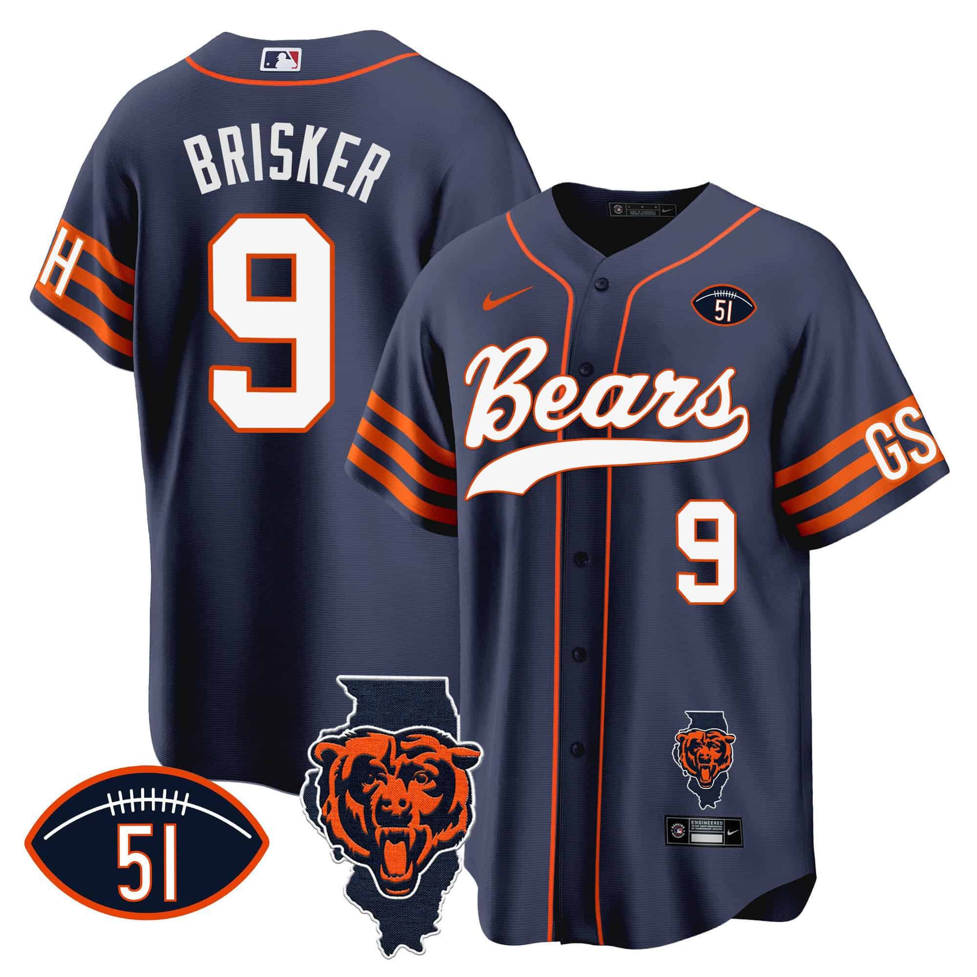 Men Chicago Bears #9 Brisker Blue 2024 Nike Patch Baseball NFL Jersey style 1